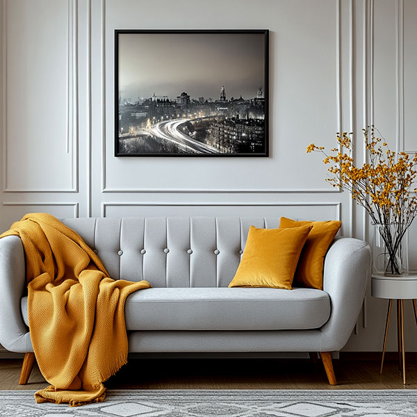 Bauhaus grey sofa with yellow cushions