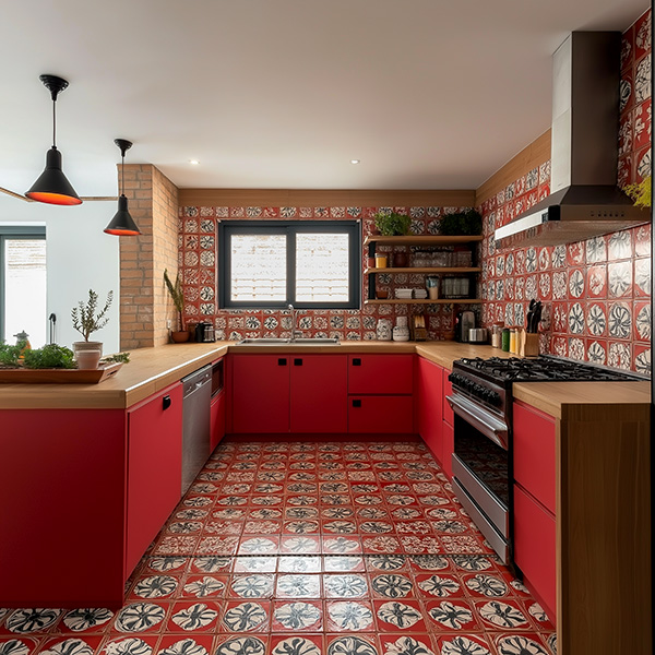 Create an elegant and colour coordinated kitchen by matching floor tiles