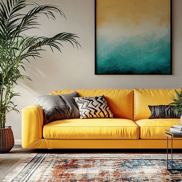 Yellow sofa with sapphire background