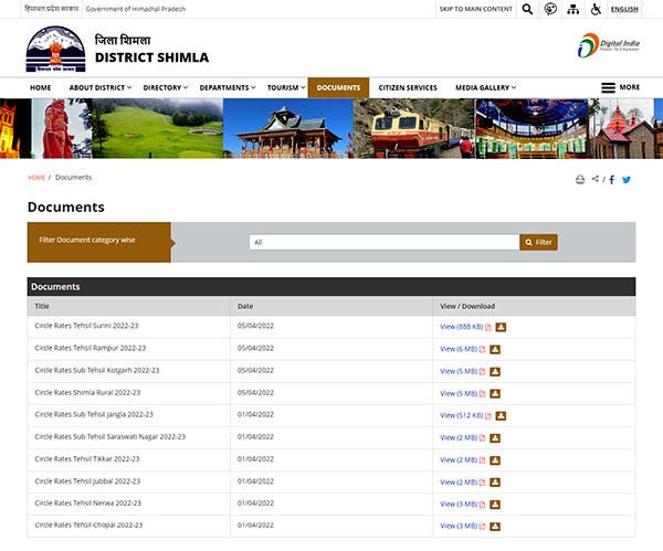 Official homepage of HP Shimla for finding Circle Rate Shimla