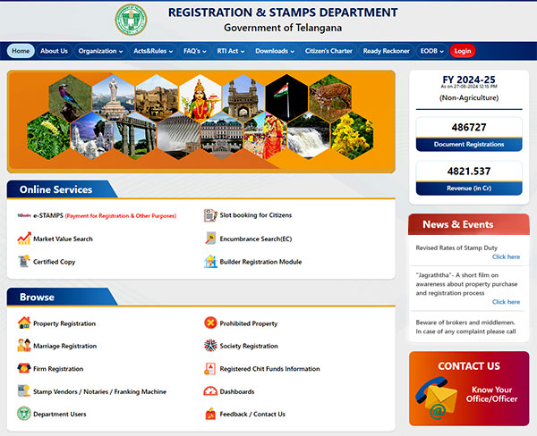 Homepage of IGRS to search market value Telangana